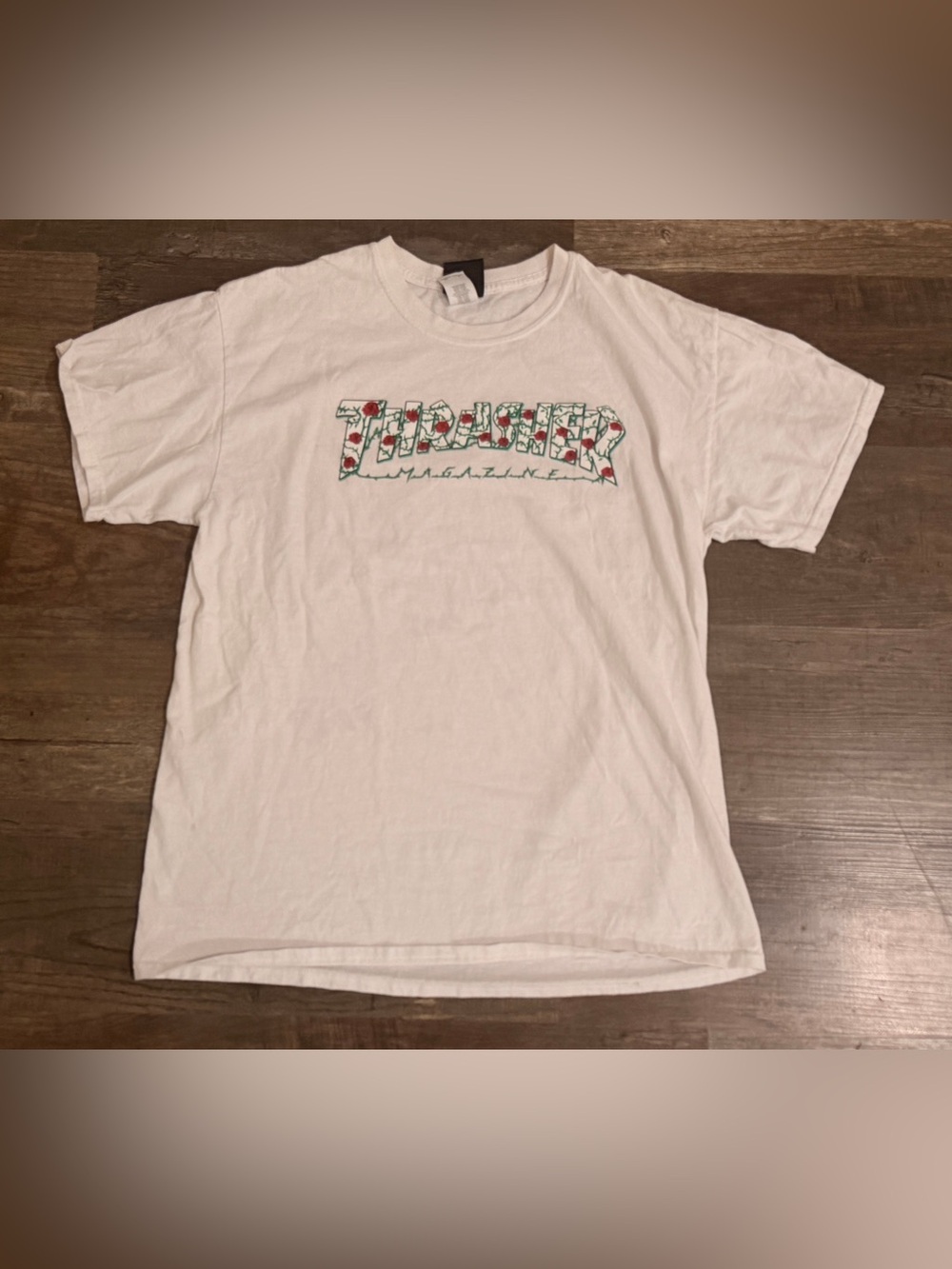 Thrasher White Short Sleeve Tee with Rose Logo